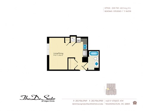 Floor plan for studio, 1 bath, 413 sqft